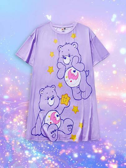 SHEIN X Care Bears Plus Size Cute Cartoon Bear Star Print Round Neck Short Sleeve Sleep Dress | SHEIN