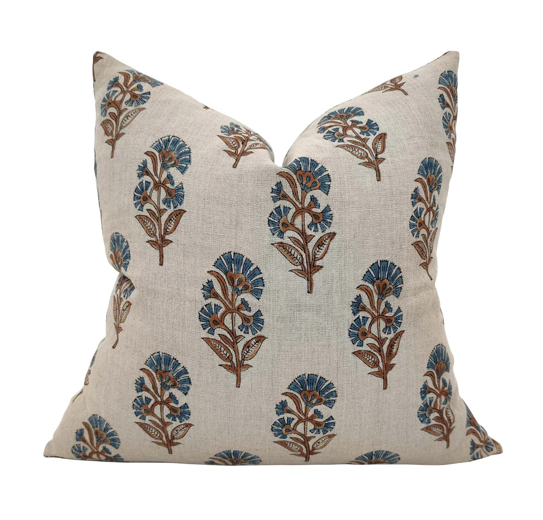 Handmade Floral Linen Pillow Cover: Rust & Blue Boho Decor - Etsy | Etsy (US)