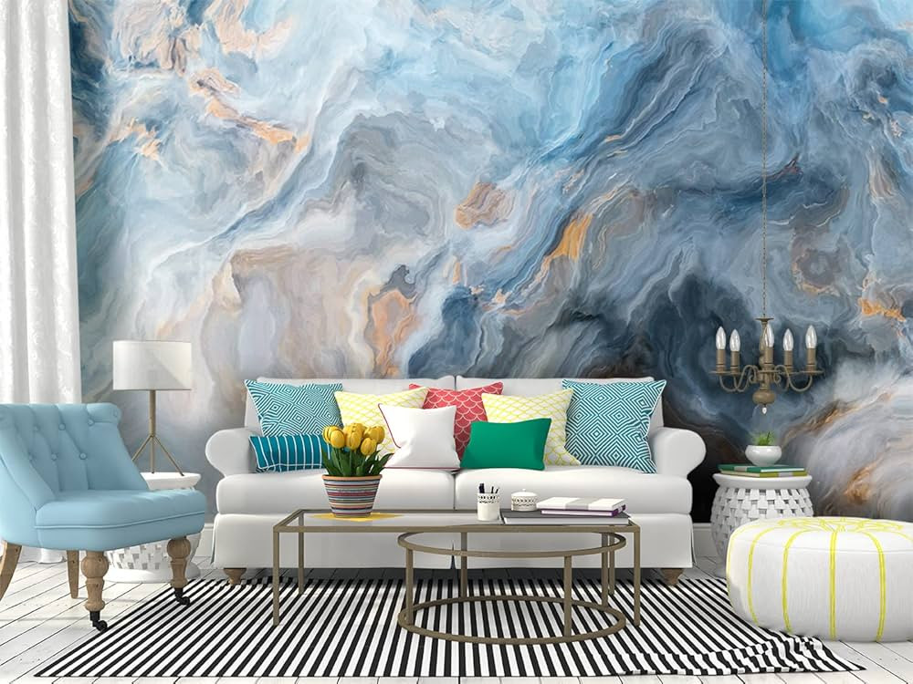 144"Wx100"H Self Adhesive Wallpaper Roll Paper Blue marble pattern with grey and gold inclusions ... | Amazon (US)