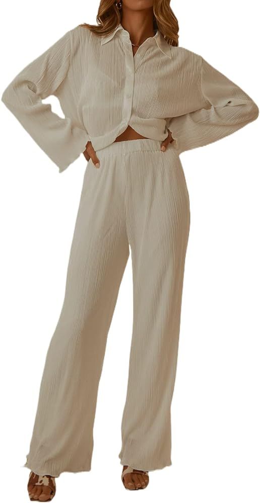 NUFIWI Women Y2K 2 Piece Pants Set Oversized Floral Printed Button Down Shirt High Waist Pants Outfi | Amazon (US)
