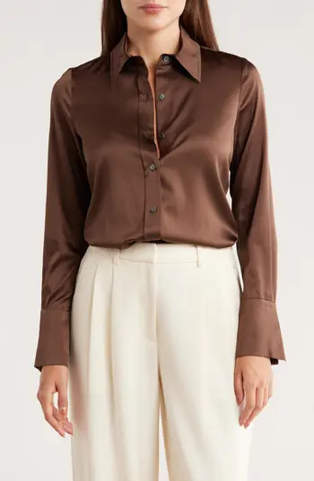 Ramy Brook Victoria Stretch Silk Satin Button-Up Blouse in Desert Brown at Nordstrom Rack, Size Xx-Small | Nordstrom Rack