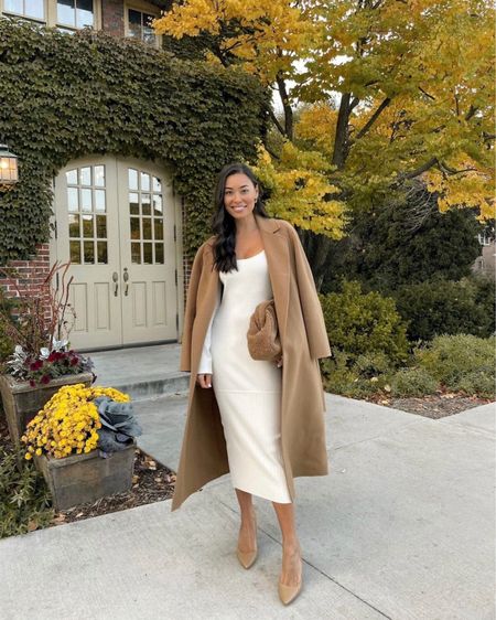Kat Jamieson of With Love From Kat wears a fall outfit. Camel coat, tan heels, white dress, midi dress, brown handbag, fall style, neutral outfit. 

#LTKSeasonal #LTKstyletip