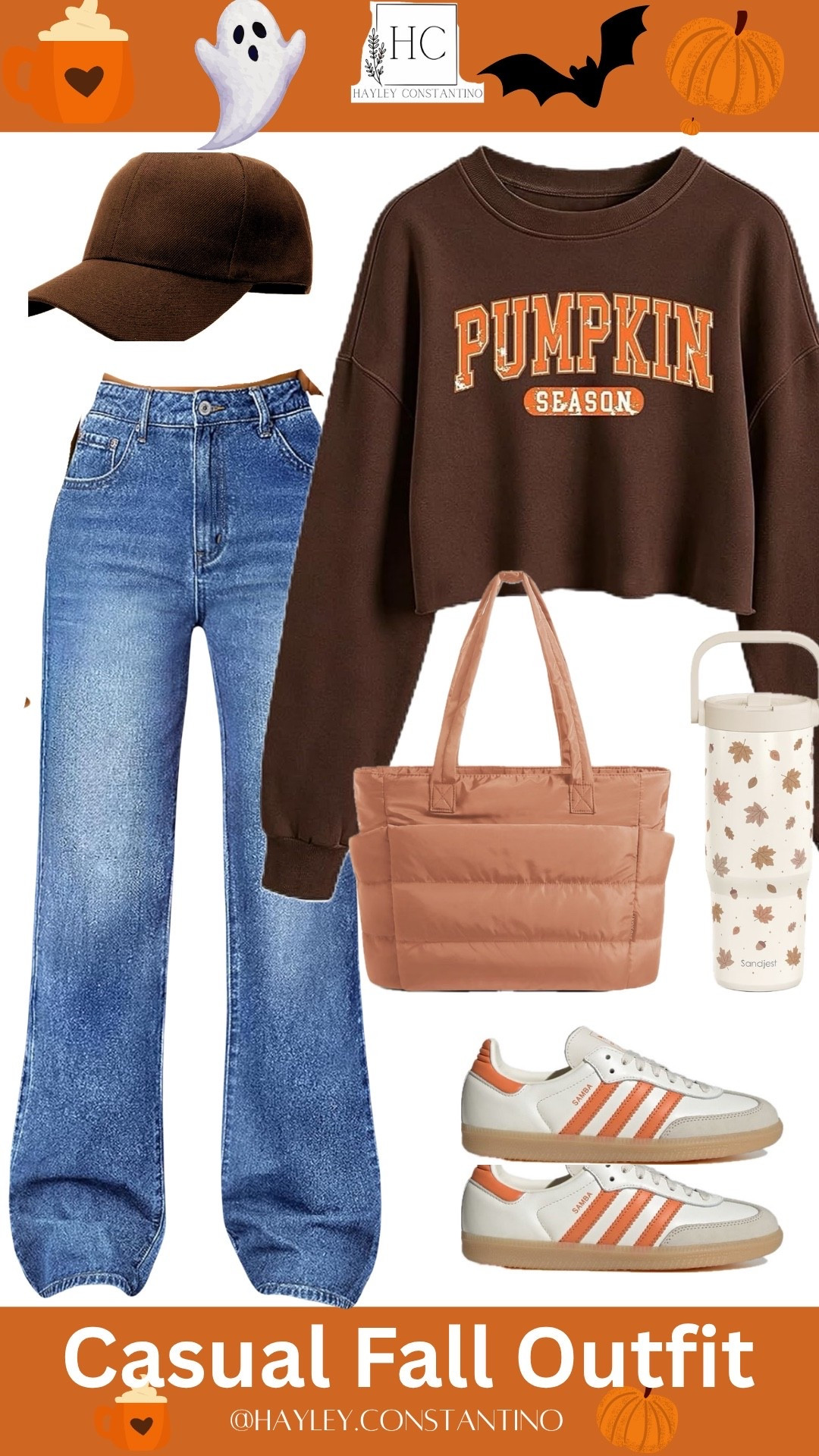 🎃☕ **Pumpkin Spice & Everything Nice!** ☕🎃

This is the **ultimate casual fall outfit** for crisp mornings, crunchy leaves, and pretending you’re *just grabbing a PSL* when you actually have a full day of autumn adventures planned! 🍂

The cozy **chocolate-brown “Pumpkin Season” sweatshirt** brings all the pumpkin-patch vibes, while the relaxed straight-leg jeans keep it effortlessly cute. Add **retro orange-accented sneakers**, a **caramel puffer tote**, and that adorable **fall-leaf tumbler**, and you’ve got a look that practically screams *“meet me at the pumpkin patch!”* 🎃🍁

Top it off with a **brown baseball cap** for that perfectly undone, “I woke up this cute” energy. 😉

✨ **Wear it for:**
🍎 Pumpkin patches & apple picking
☕ PSL dates and coffee runs
🍂 Fall festivals & farmers markets
🎃 Halloween shopping
🛍️ Casual shopping days
🚗 Weekend road trips
🔥 Cozy outdoor gatherings

Basically, if there are **pumpkins, leaves, lattes, or flannel-weather vibes involved—you’re dressed for it!** 🍁🎃☕

#LTKSeasonal #LTKootd #LTKOver40