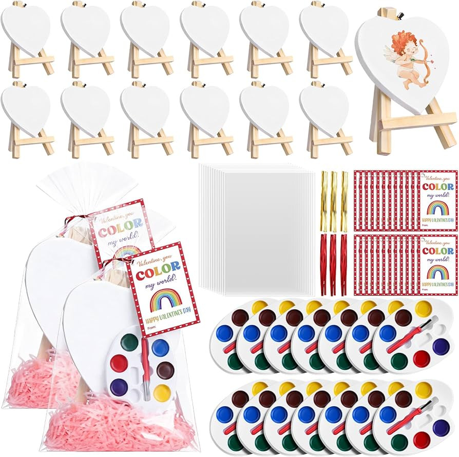 Marspark 30 Set Valentine's Gift Mini Painting Set Heart Shape Canvas Wooden Easel, Watercolor Pa... | Amazon (US)