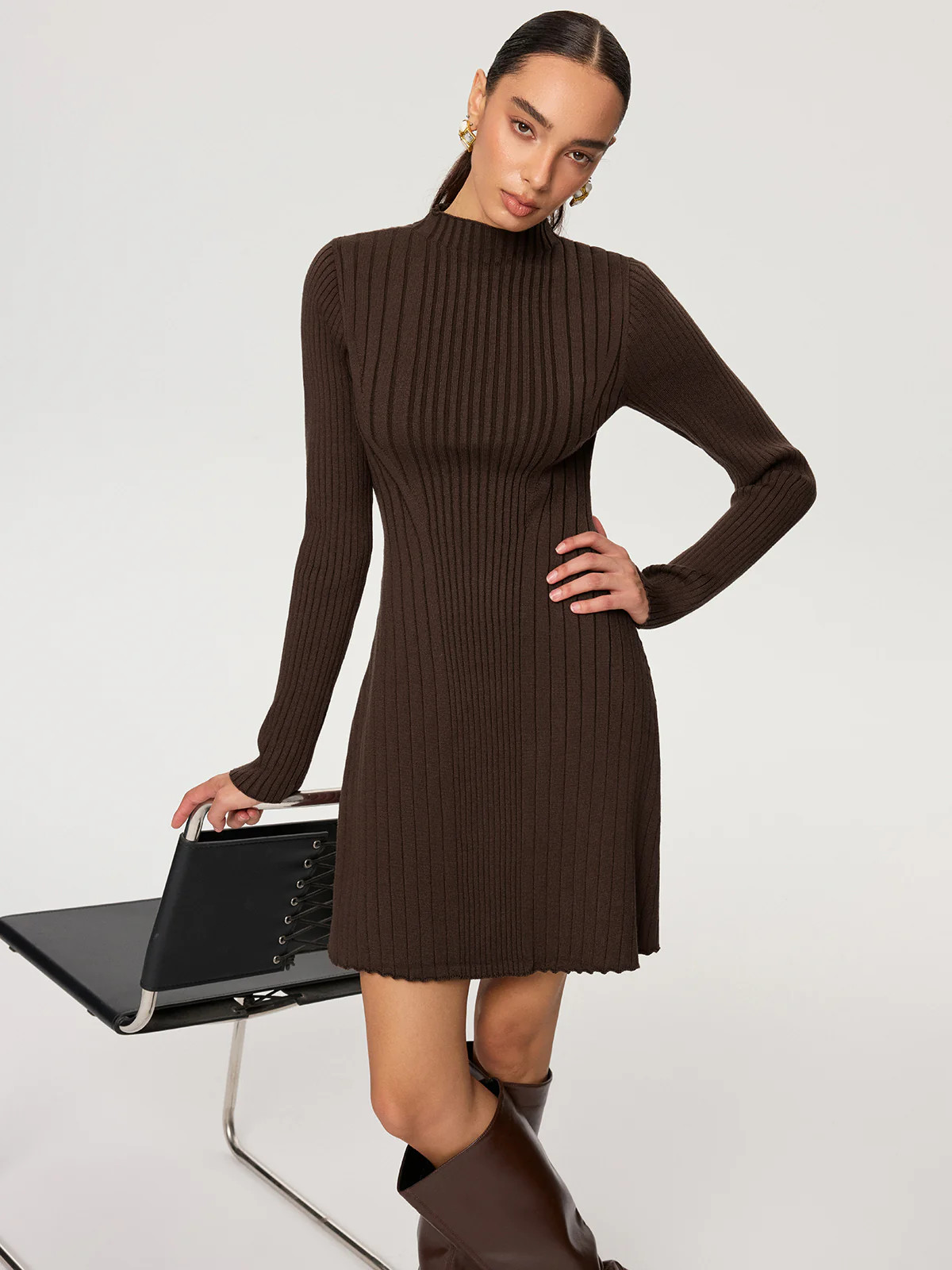 Ribbed Mock Neck Long Sleeve Knit Dress | Commense