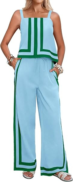 Tankaneo Womens 2 Piece Lounge Set Summer Casual Color Block Cami Top Wide Leg Pants Set Beach Va... | Amazon (US)