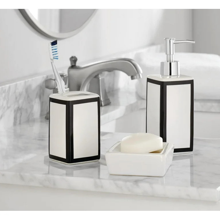 Mainstays 17-Piece Ikat Damask Print Polyester/Ceramic Shower Curtain & Bathroom Accessory Set, B... | Walmart (US)