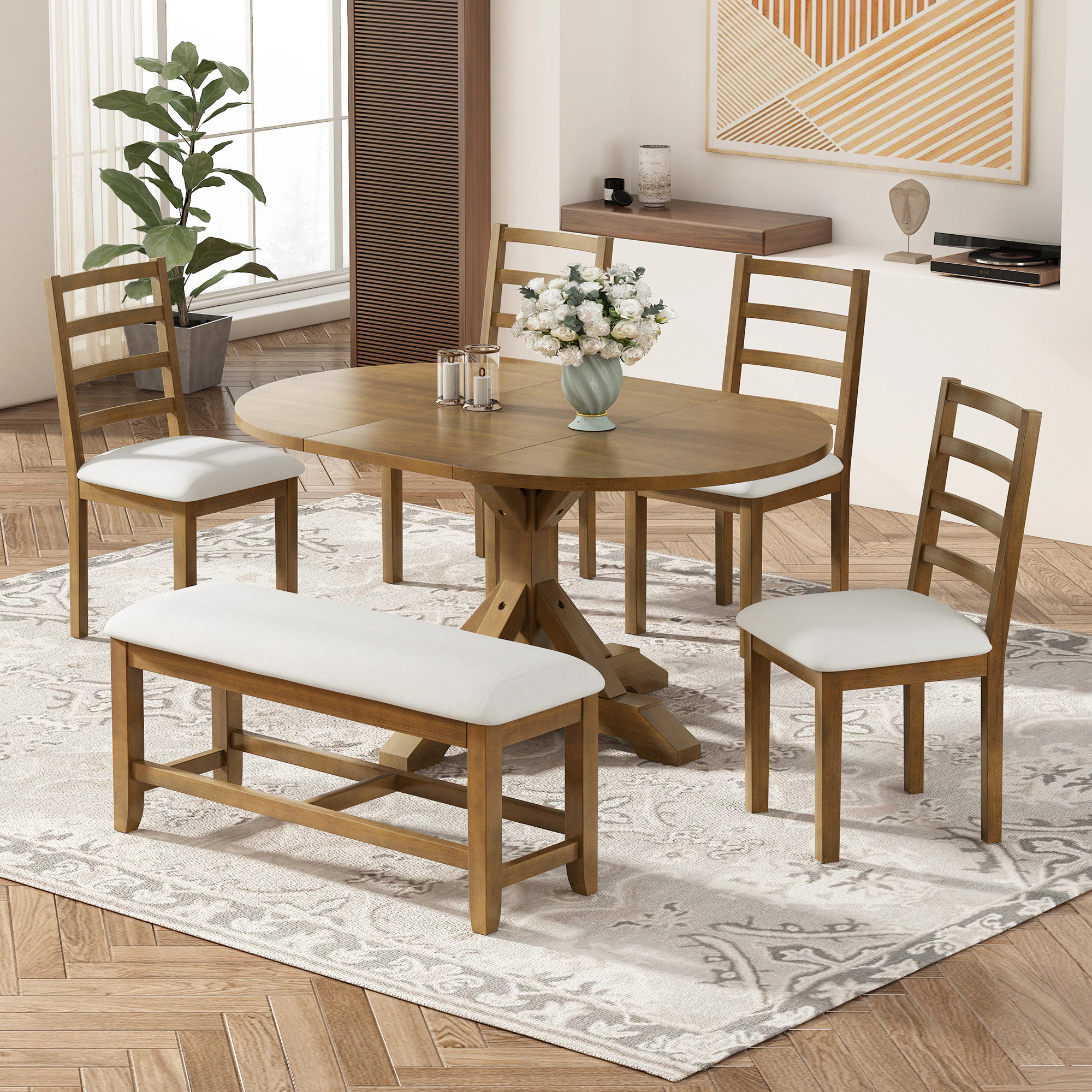 Clihome 6-Piece Dining Table Sets Brown Chair/Brown Table/Brown Bench Contemporary/Modern Dining Room Set with Oval Table ( Seats 5 ) | Lowe's