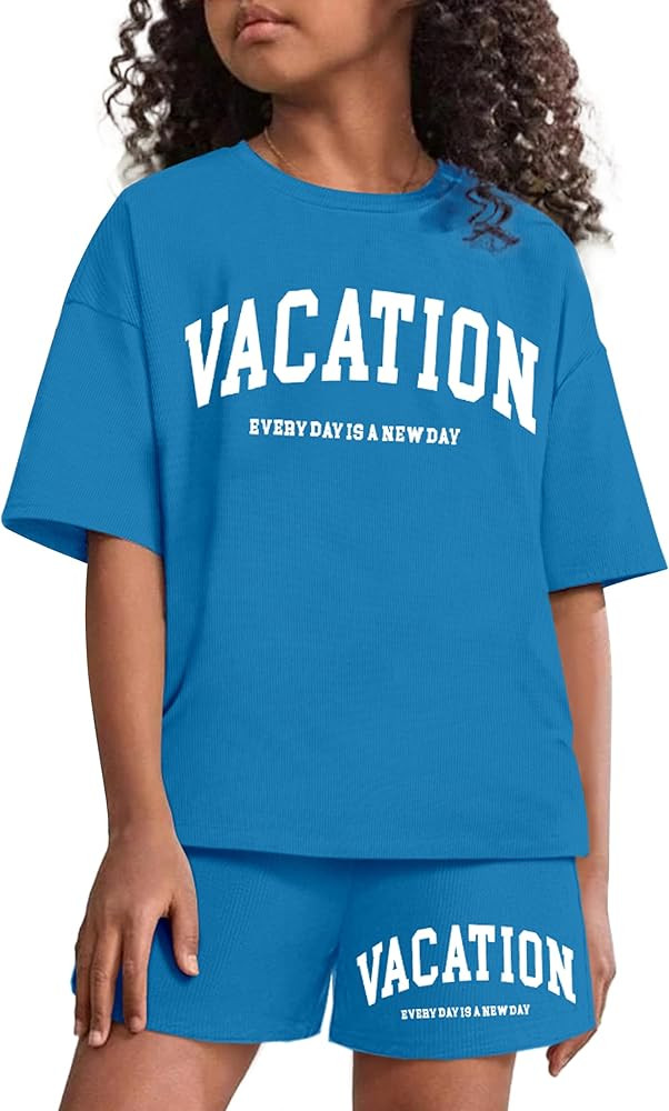 Girls Clothes 2 Piece Girls Outfits Letter Print Shorts Set T-Shirt + Shorts with Pockets Summer ... | Amazon (US)