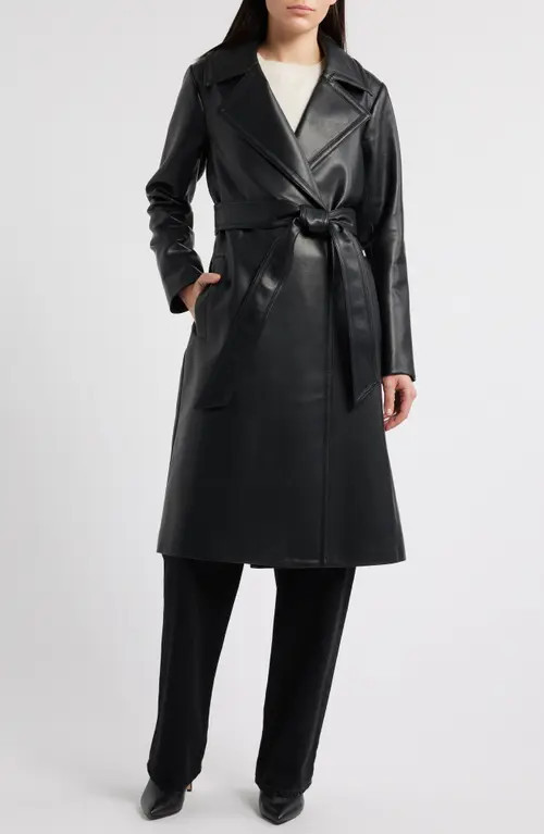 Michael Kors Long Faux Leather Trench Coat in Black at Nordstrom, Size X-Large | Nordstrom