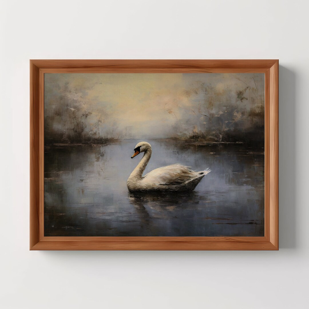 Swan Lake Landscape Vintage Oil Painting, Nature Aesthetic, Moody Wall Art, Dark Cottagecore, Dig... | Etsy (US)