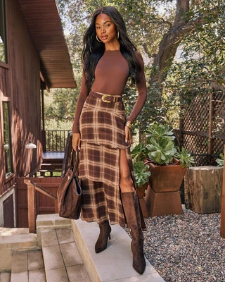 Cider Tale Tiered Plaid Maxi Skirt Brown Plaid / XL | VICI