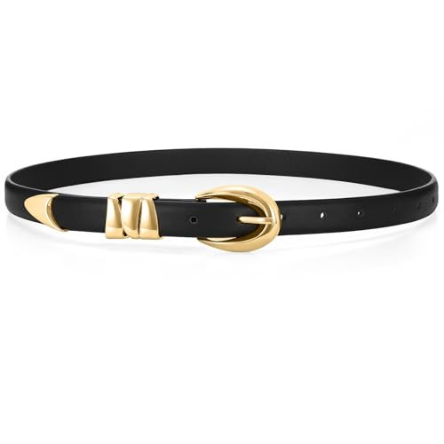 WHIPPY Women Skinny Leather Belt for Jeans Pants Dresses Ladies Fashion Waist Belt with Shiny Gold Buckle,Black Gold,S | Amazon (US)