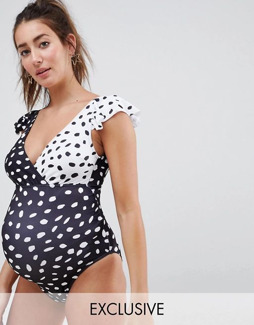 ASOS DESIGN maternity frill sleeve wrap swimsuit in mono polka dot | ASOS US