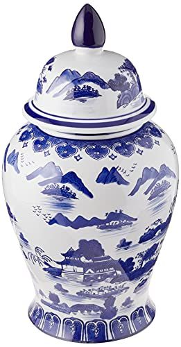 Oriental Furniture 18" Landscape Blue & White Porcelain Temple Jar | Amazon (US)