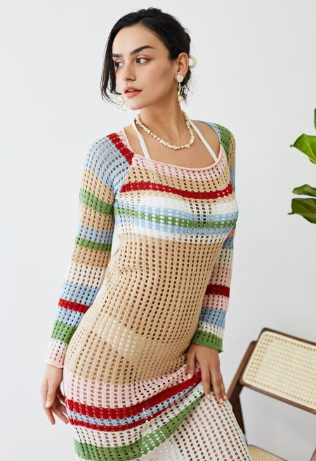Color Striped Hollow Out Knit Cover Up | Chicwish