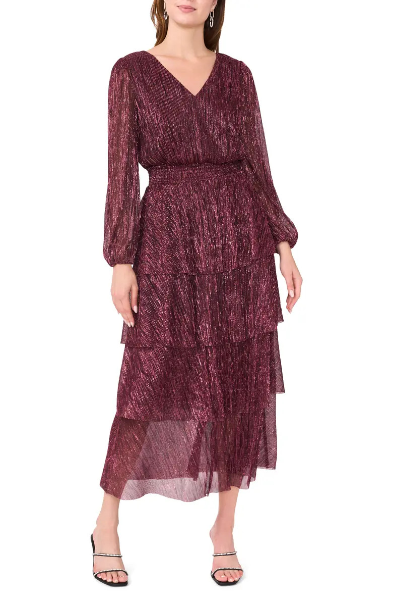 Halogen® Metallic Plissé Tiered Long Sleeve Dress | Nordstromrack | Nordstrom Rack