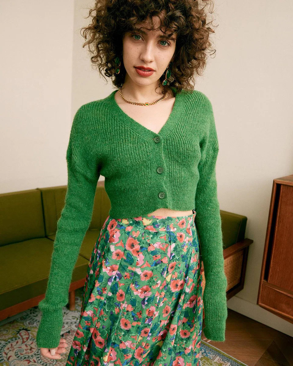 The Fluffy Solid Crop Cardigan - Cropped Long Sleeve Knit Button Cardigan - Green,Red - Tops | RI... | rihoas.com
