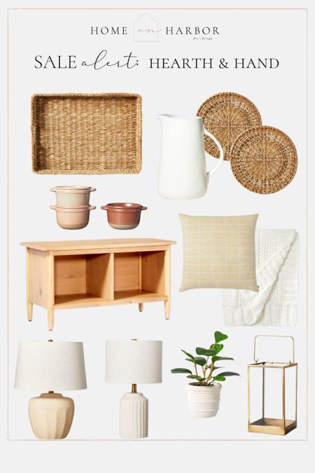 Sale alert! Select items from Hearth & Hand are 25% off!  My picks: jute chargers, woven tray, white pitcher, neutral ramekins, table lamps, throw pillow, chunky knit blanket, faux potted plant, brass lantern, mudroom storage bench 

#target #springdecor 

#LTKSeasonal #LTKsalealert #LTKhome