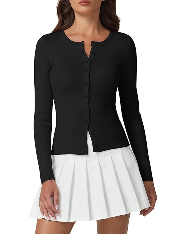 QINSEN Womens Long Sleeve Crewneck Cardigan Sweater Lightweight Button Down Knit Tops Outerwear | Amazon (US)