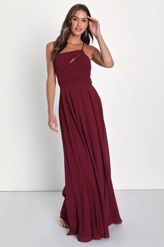 Extraordinary Elegance Burgundy Pleated One-Shoulder Maxi Dress | Lulus (US)