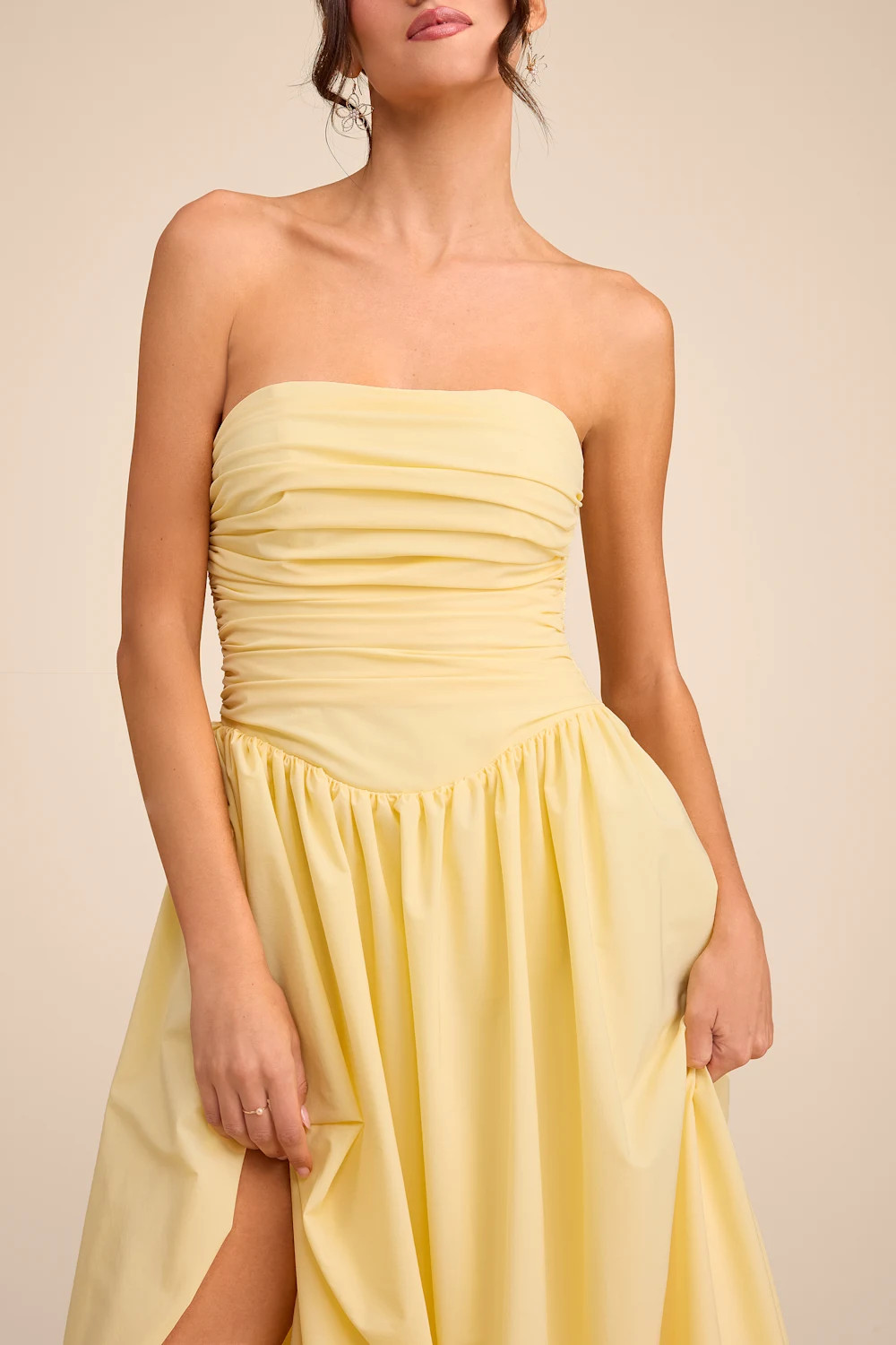 Marilou Light Yellow Strapless Ruched Lace-Up Maxi Dress | Lulus