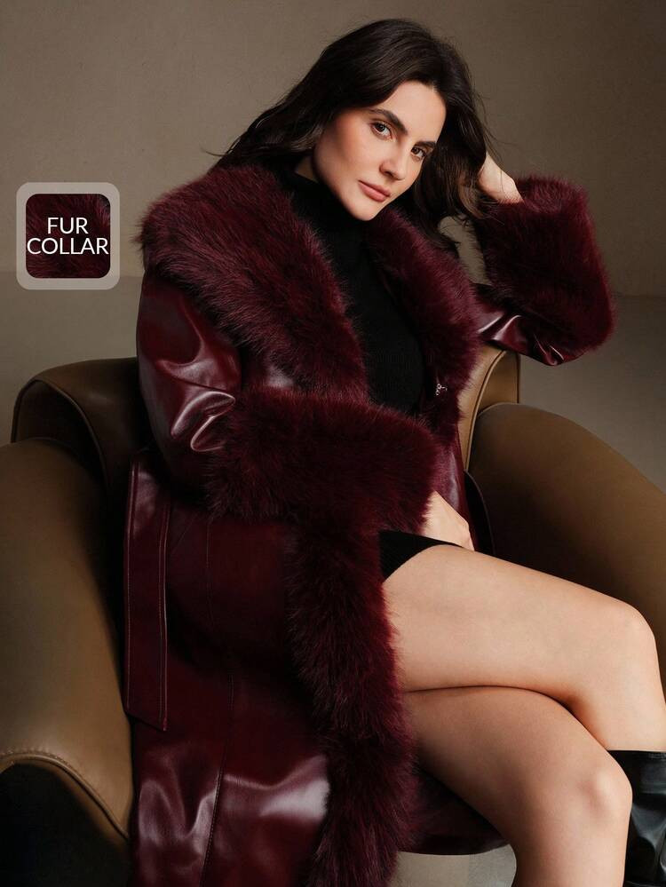 Anewsta Burgundy Shiny Leather Fitted Long Coat With Detachable Fur Collar, Fashion New Style For... | SHEIN
