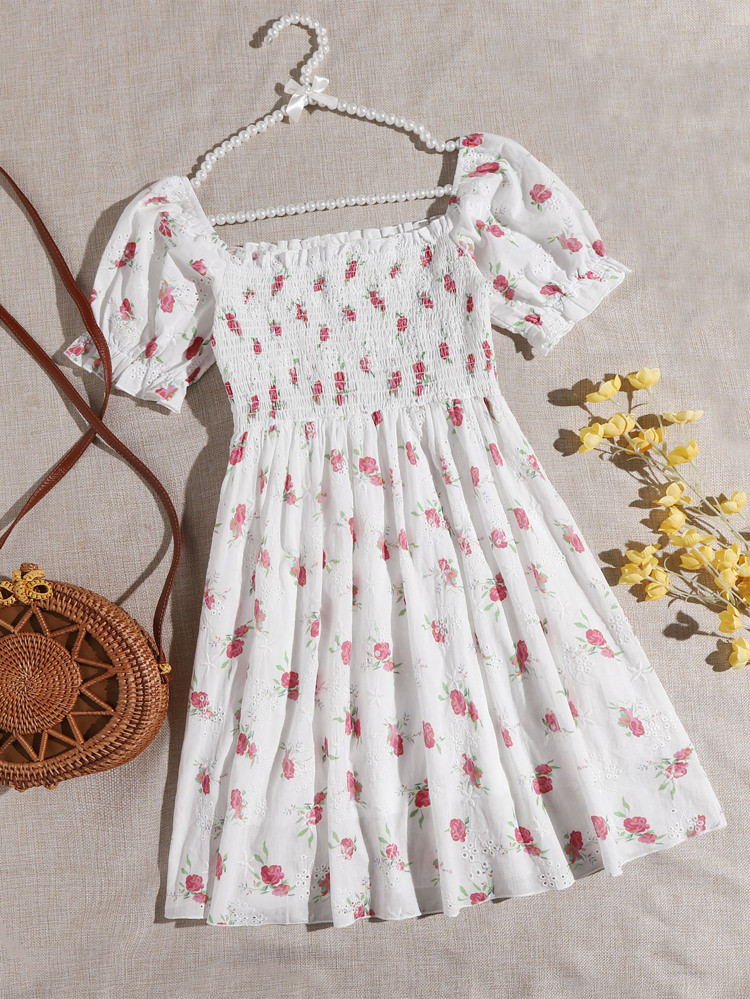 SHEIN Puff Sleeve Shirred Bodice Floral Schiffy Dress | SHEIN