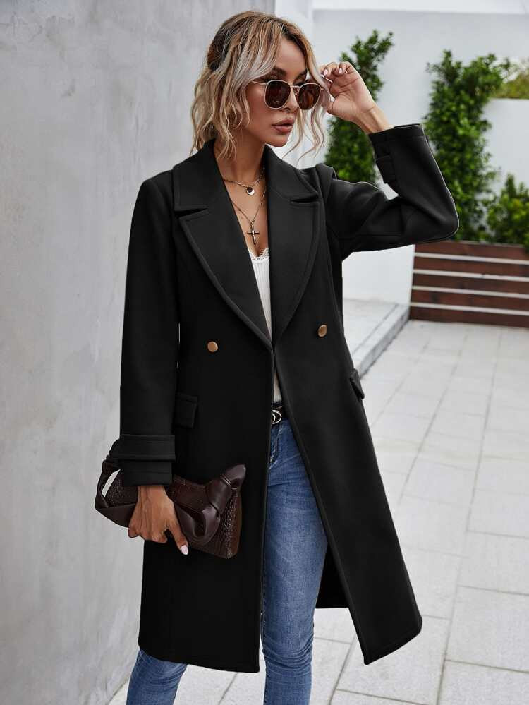 Double Button Lapel Collar Self Tie Overcoat | SHEIN