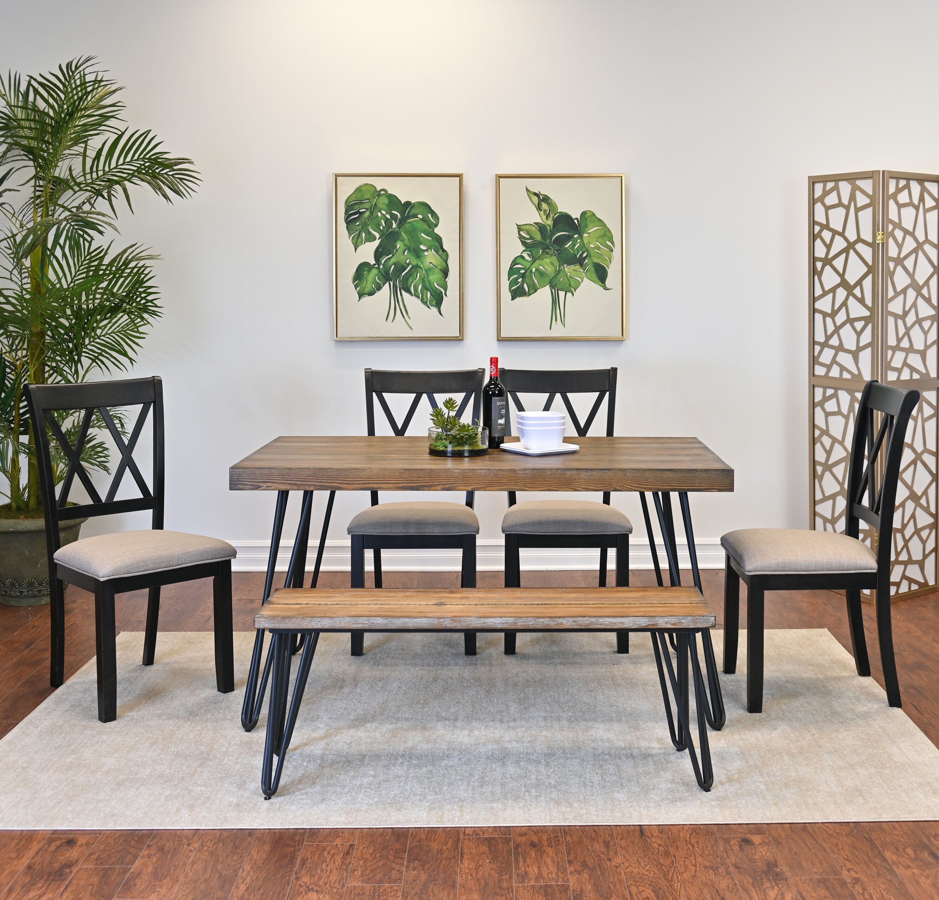 LOVMOR Arroyo 6-Piece Dining Set Hairpin Dining Table with 4 Cross-back Chairs and Bench Rich Black one_size | SF-J-T2574S00149 | Lowe's