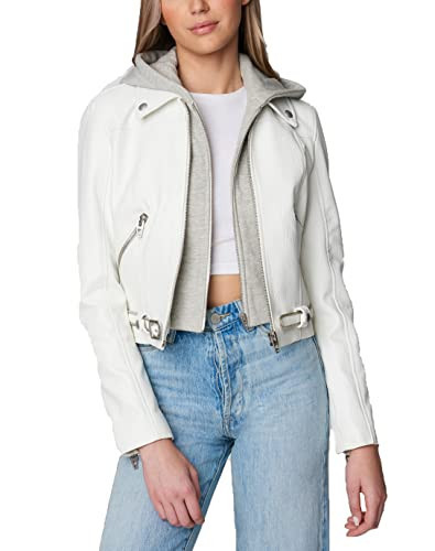[BLANKNYC] Womens White Vegan Leather Hooded Moto Jacket with Zipper Pockets and Self Belt, Stylish Coat & Designer Clothing, Fresh Start, Medium | Amazon (US)