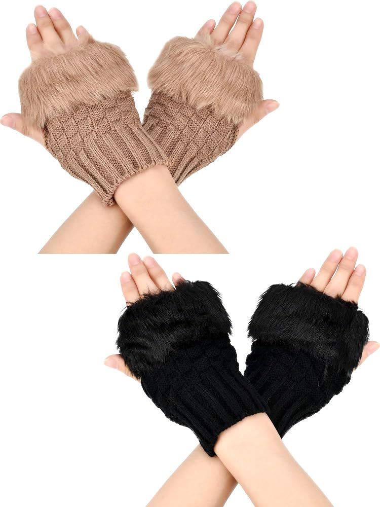 Boao 2 Pairs Fingerless Winter Gloves Short Touchscreen Gloves Thumb Hole Mittens Knitted Warm Gl... | Amazon (US)