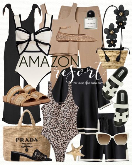 Shop these Amazon Vacation Outfit and Resortwear finds! Beach travel outfit, swimsuit, matching set, linen jumpsuit, leopard swimsuit, Prada crochet tote bag, beach bag, mesh Basket flats, Sam Edelman Rowan sandals, Steve Madden Mayven sandals, Bottega Arco Basket tote and more! 