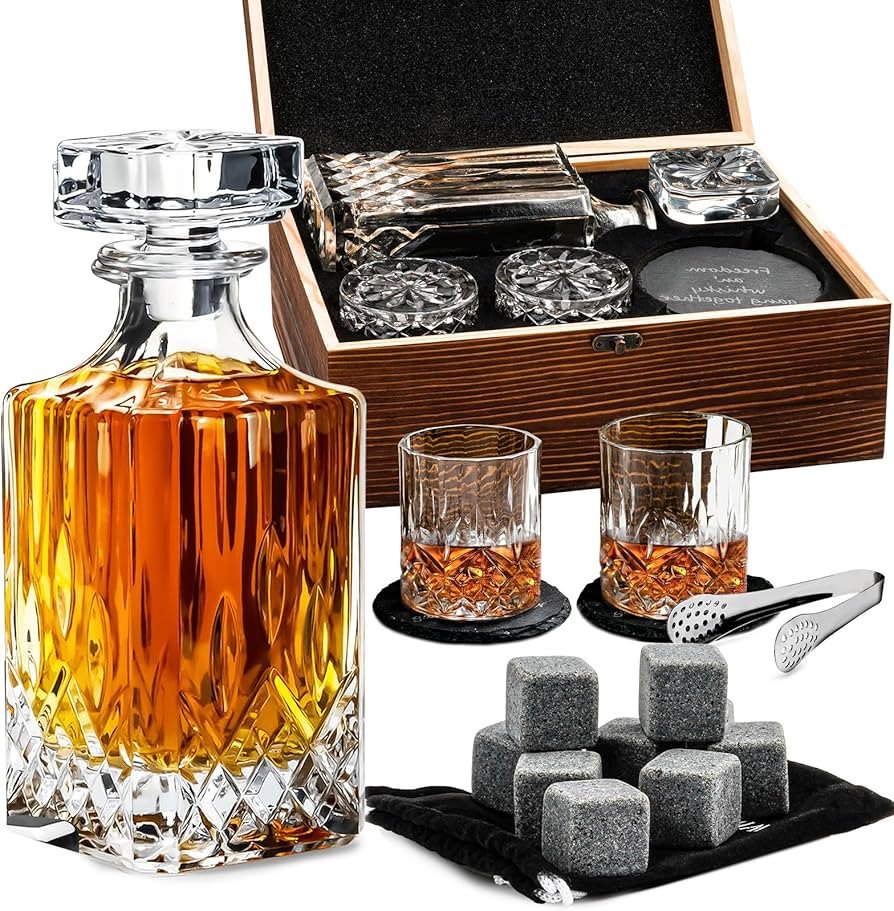 Whiskey Decanter Gift Set With Cooling Stones for Men, Engraved 25 Oz Liquor Decanter and Glasses... | Amazon (US)