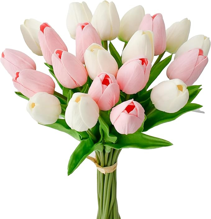 Mandy's Artificial Tulips 20 Stems White and Light Pink PU Faux Flowers for Valentine's Day and E... | Amazon (US)