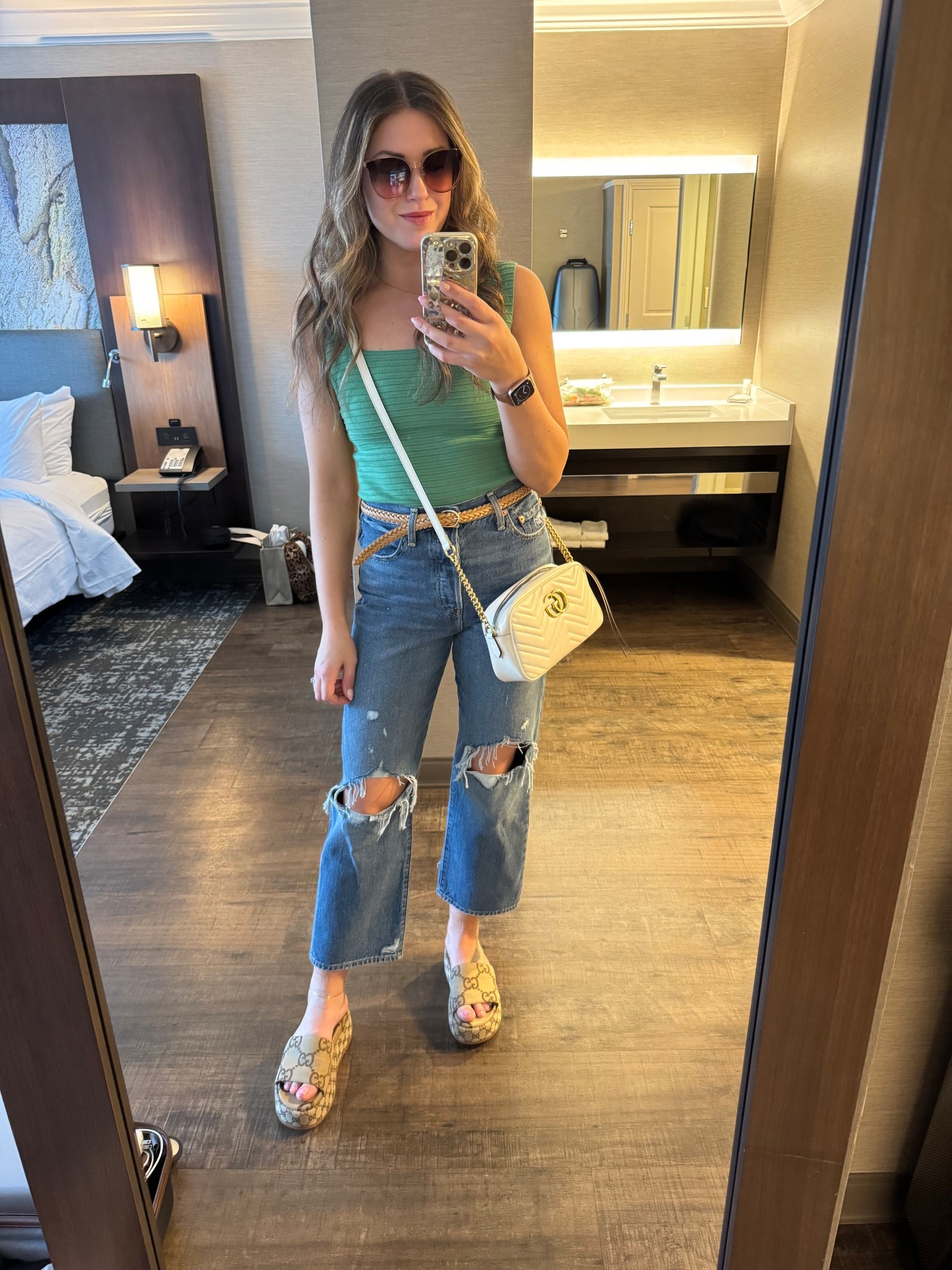 Ootd, dinner outfit, cropped jeans, green tank, spring outfit, outfit ideas, gucci bag, gucci sandals, gucci Marmont, summer outfit, oversized sunglasses 

#ltkitbag #ltkshoecrush #ltkstyletip