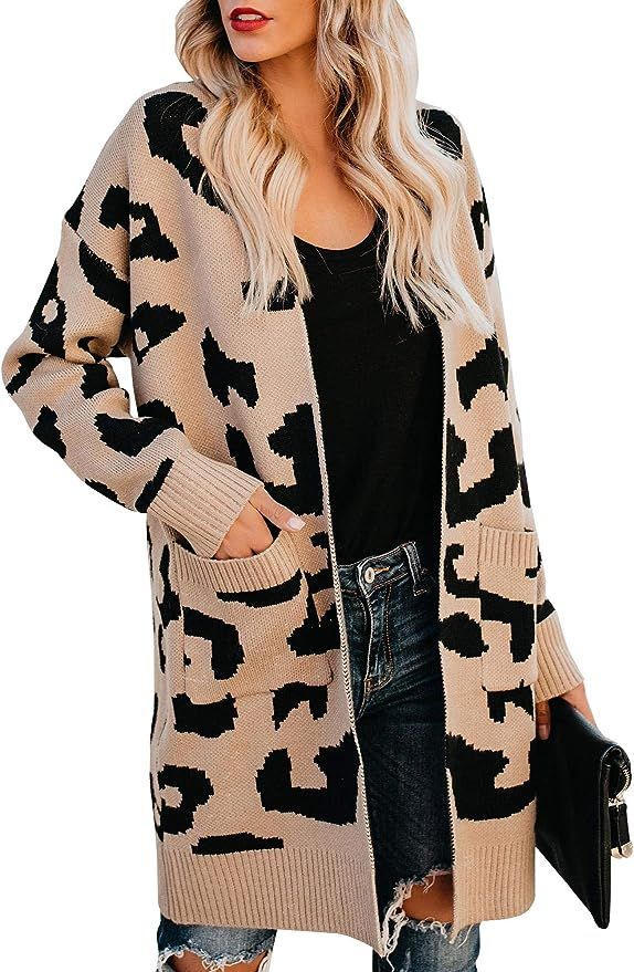 Soulomelody Msikiver Womens Fuzzy Leopard Print Cardigan Sweater Open Front Draped Duster Loose K... | Amazon (US)