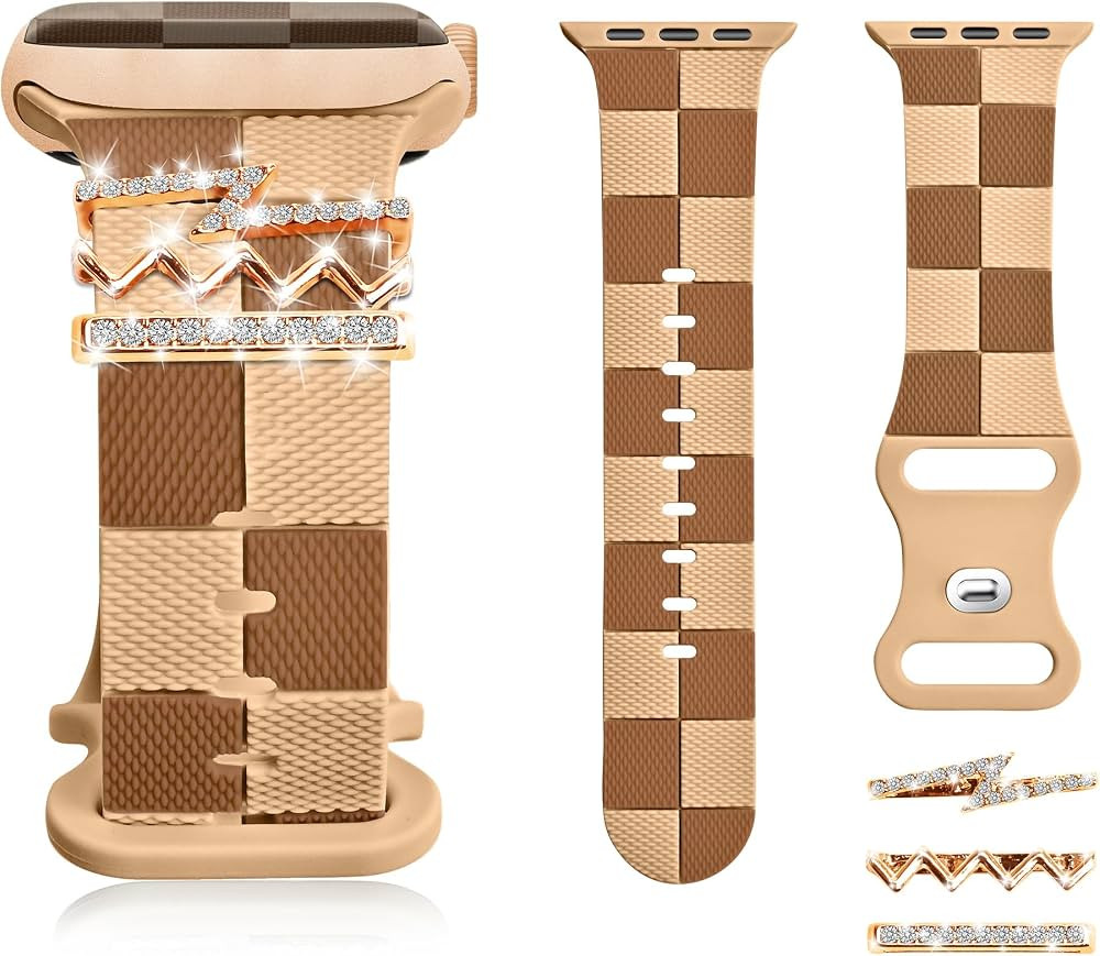 Silicone Strap for Apple Watch Band 41mm 40mm 38mm, Stylish Checkerboard Bracelet with Rose Gold ... | Amazon (US)