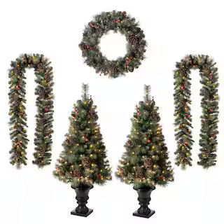 2pk 4ft. Flocked Artificial Christmas Tree and 24 in. D Pre-Lit Christmas Wreath and Matched 2pk ... | The Home Depot