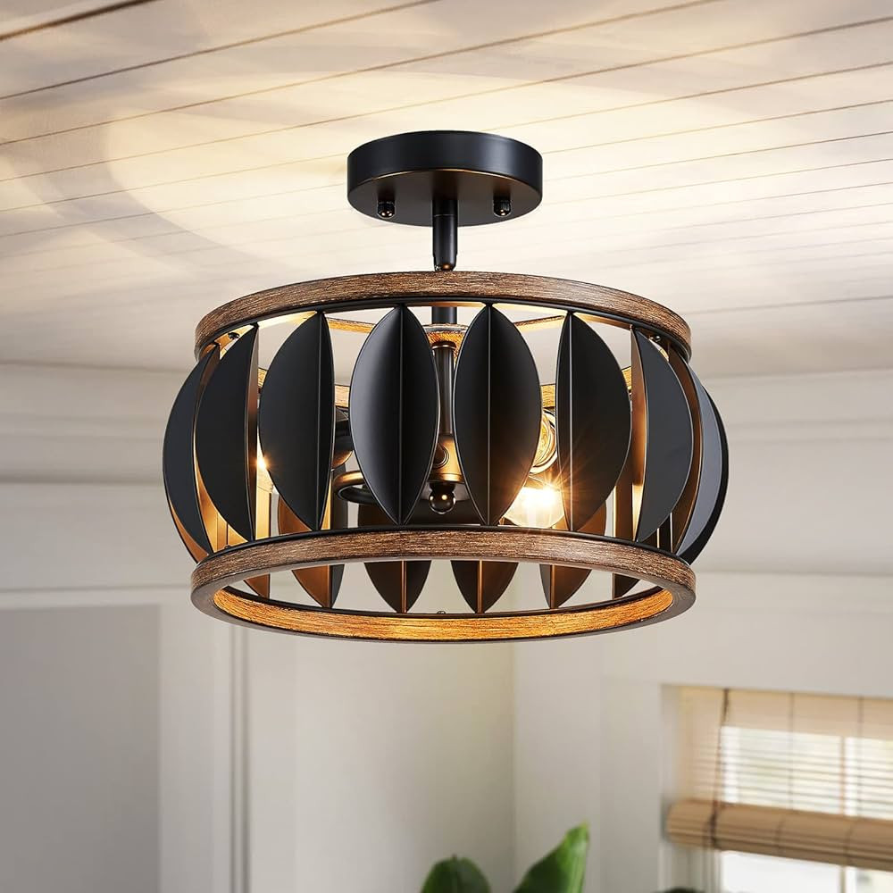 XINGQI Rustic Flush Mount Ceiling Light Fixture 13” Farmhouse Drum Lamp 3 Light, Black + Wood G... | Amazon (US)