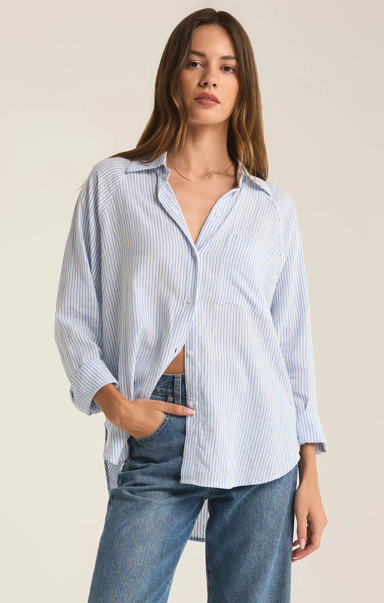 Z SUPPLY Women's Perfect Linen Stripe Top, Bay Blue, Medium | Z Supply