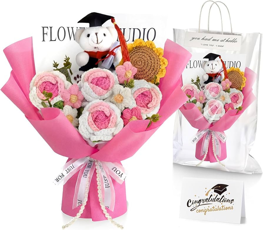 Giegxin Graduation Crochet Flowers Bouquet Set, 2026 Grad Cap Bear Hand Knitted Rose Sunflower Bo... | Amazon (US)