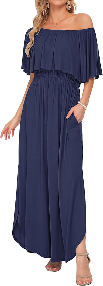 AUSELILY Womens Off The Shoulder Dress Summer Casual Long Ruffle Party Side Split Beach Maxi Dres... | Amazon (US)