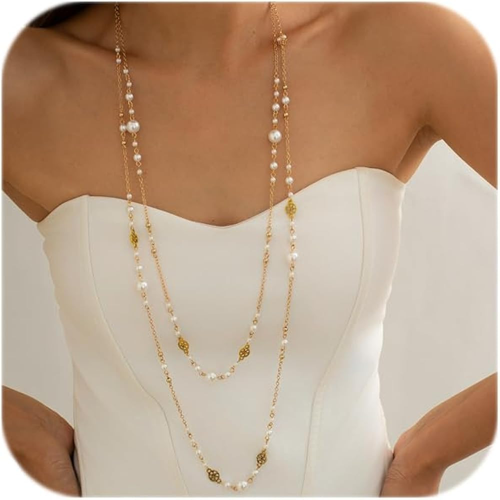 Long Pearl Necklaces for Women Pearl Long Chain Necklace Dainty Gold And Long Pearl Necklaces Lay... | Amazon (US)