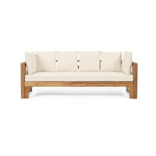 Teak Wood Outdoor Expandable Day Bed with Beige Cushions, Patio Couch, Daybed Sofa Chair, Spacious Seating Lounge Chair | The Home Depot