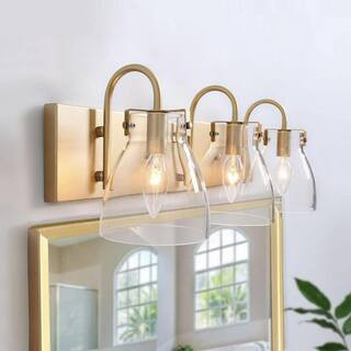 LNC Modern 22 in. 3-Light Gold Bathroom Vanity Light with Bell Clear Glass Shades Powder Room Wal... | The Home Depot