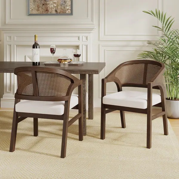 Christopher Knight Home - Cane Upholstered Rubberwood Dining Chair (Set of 2) - walnut+beige | Bed Bath & Beyond
