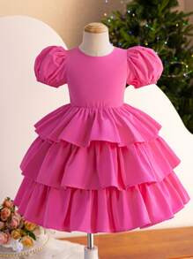 SHEIN Little Girls' Everyday Casual Woven Solid Short Sleeve Dress | SHEIN