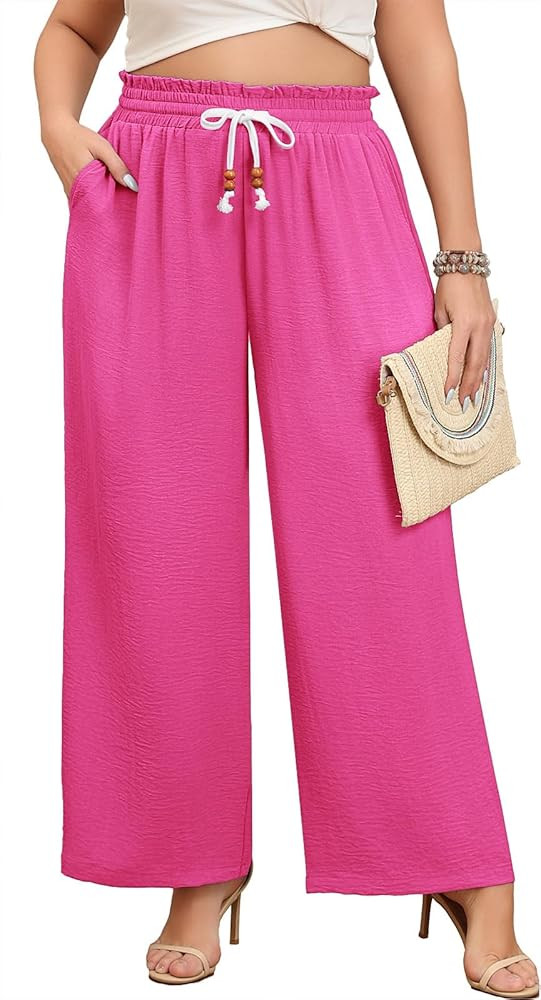 Lastshe Plus Size Wide Leg Pants for Women Elastic High Waisted Drawstring Loose Lounge Long Pala... | Amazon (US)