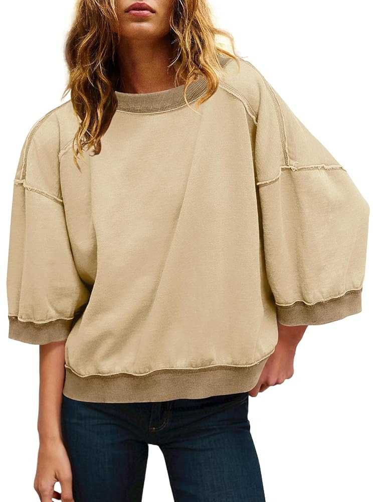 Panadila Womens Oversized Short Sleeve Sweatshirt Crewneck 3/4 Sleeve Tops Summer Cute Color Bloc... | Amazon (US)